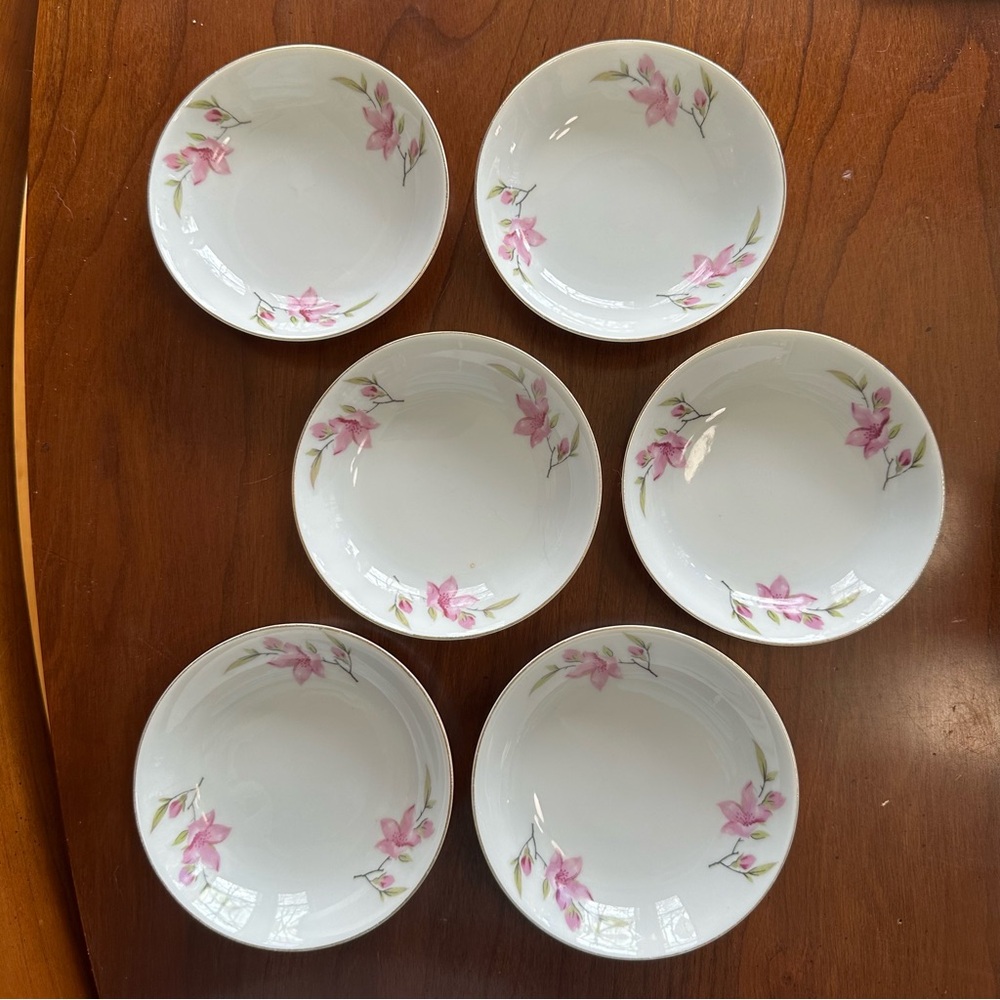 Set of 6 Vintage 4” Gold Rim Dessert Bowls with Delicate Pink Flowers - Unmarked